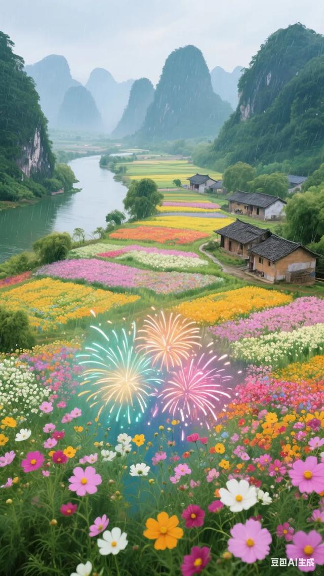 梦幻仙境色彩斑斓的花海与静谧河流相映成趣，仿佛置身于童话世界