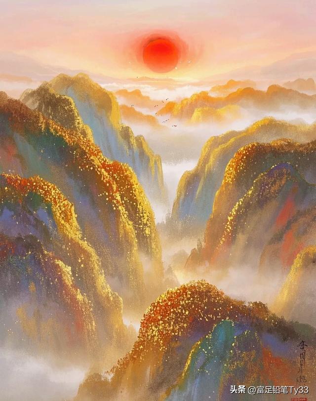 梦幻时分日西沉，云海翻涌浪波奔，金光闪耀天际处，瑰丽壮美动人