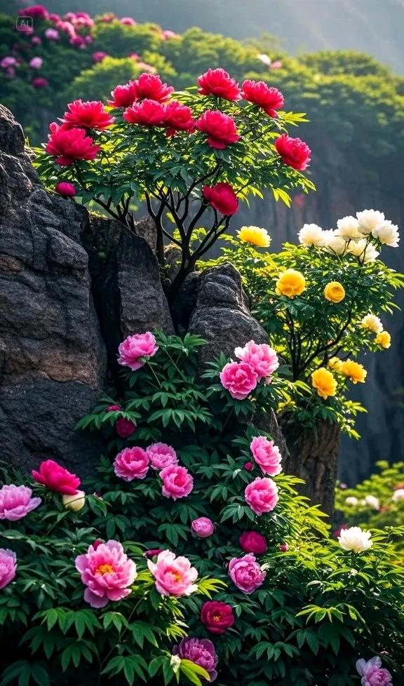 悬崖上的牡丹花海绝美，周边风景亦如画