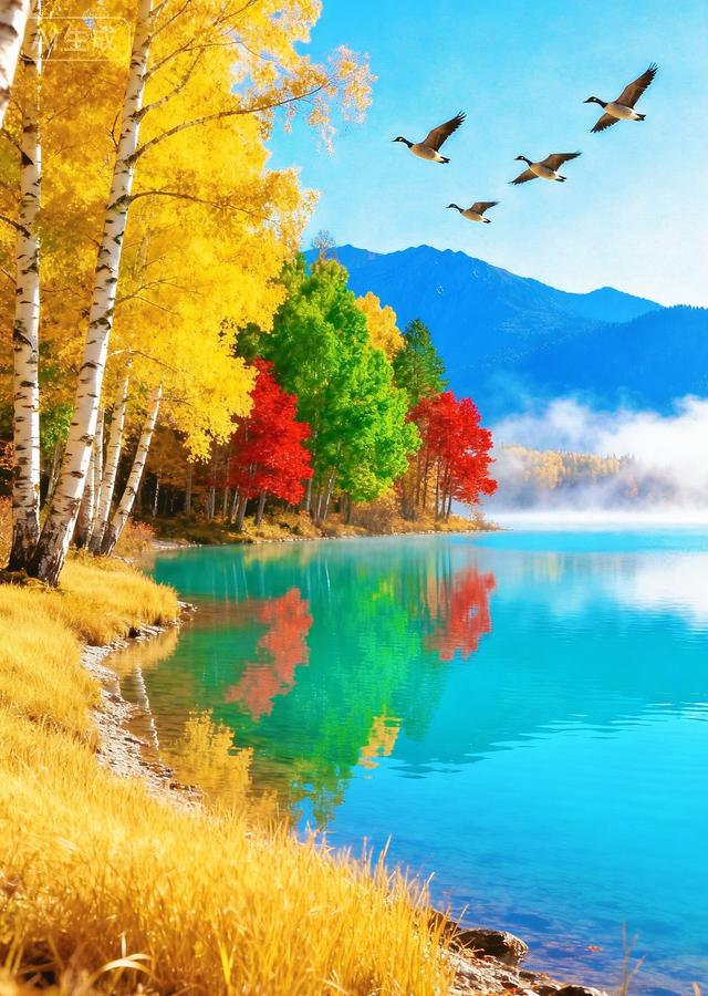 秋日湖泊彩林
