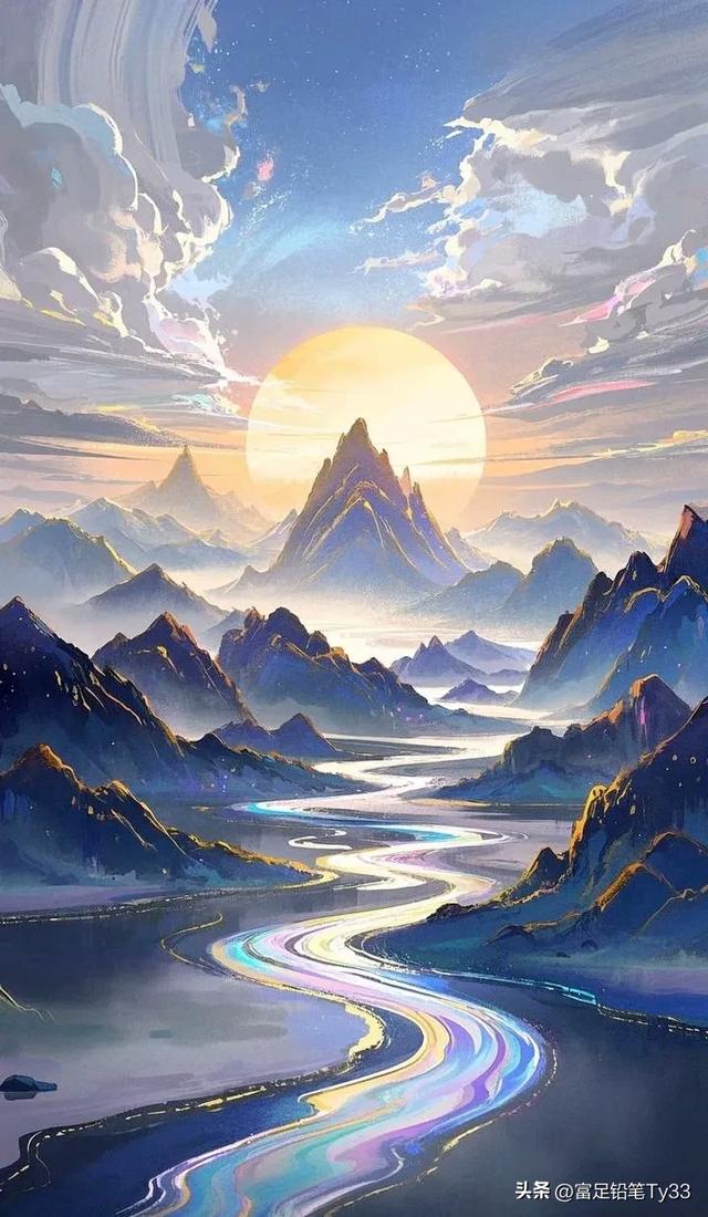 梦幻时分日西沉，云海翻涌浪波奔，金光闪耀天际处，瑰丽壮美动人