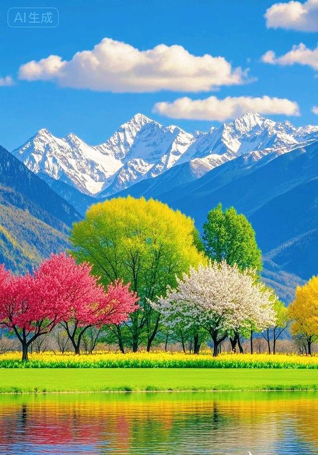 雪山湖畔，五颜六色树绘就绝美治愈画卷