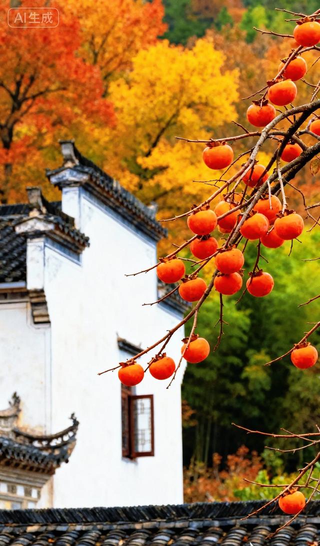 红柿悬枝，秋山染彩