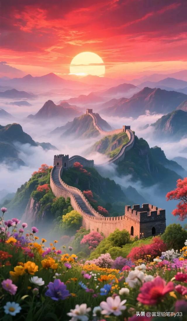 梦幻时分日西沉，云海翻涌浪波奔，金光闪耀天际处，瑰丽壮美动人