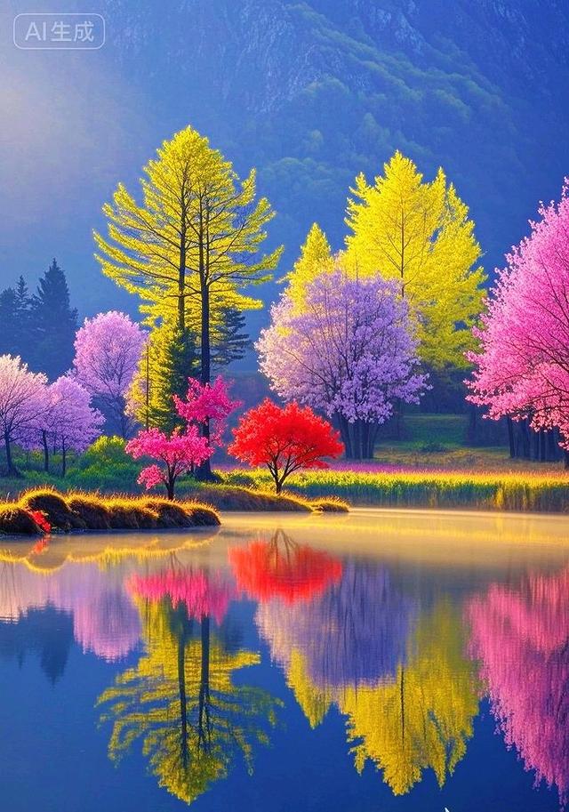 树染湖光，这湖景是把所有色彩都铺成了画