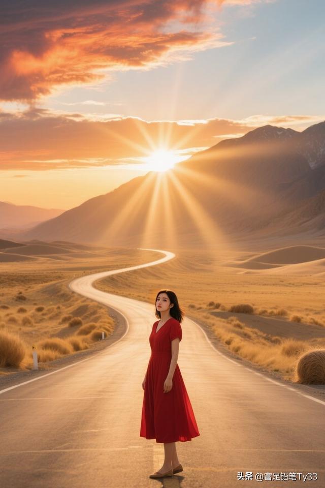 夕阳下的红裙女子，沙漠公路的浪漫邂逅！