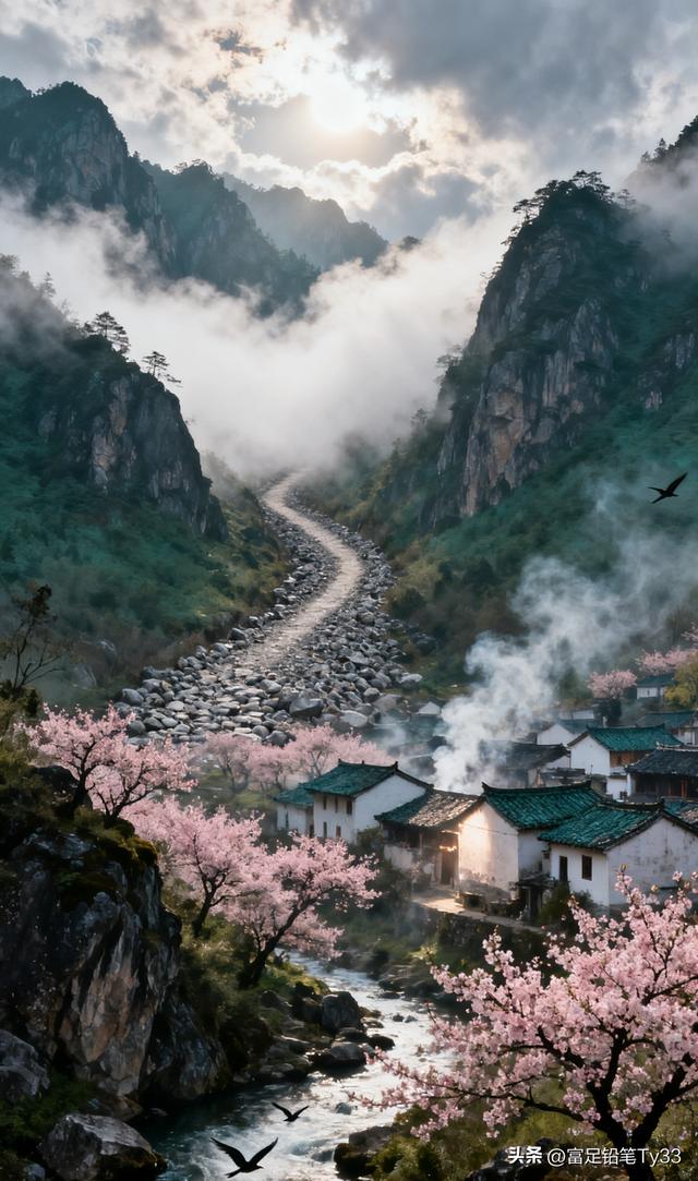 云雾缭绕的世外桃源，粉嫩樱花映衬古村落，仙境般的宁静与美丽！