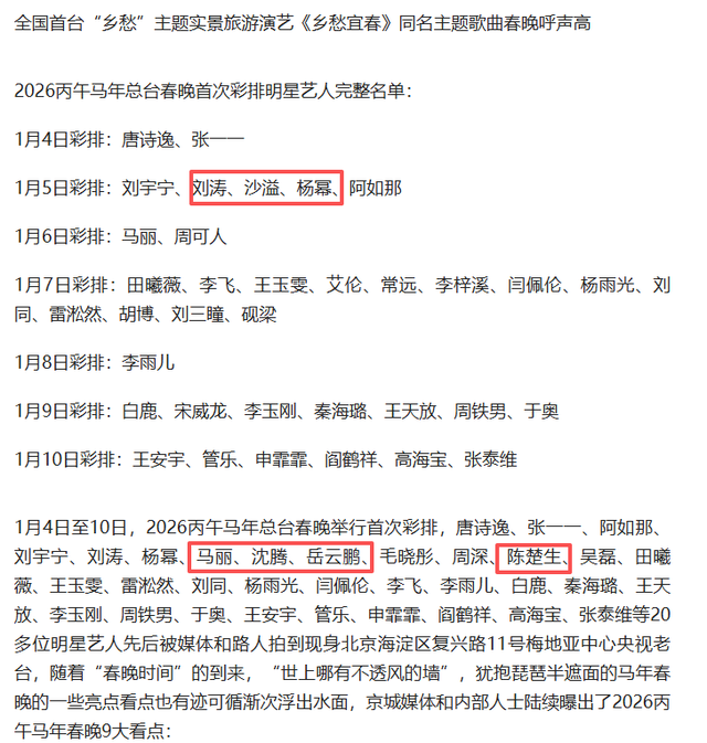 2026央视春晚首次彩排明星全名单出炉	，网友：咋还有“春晚混子”