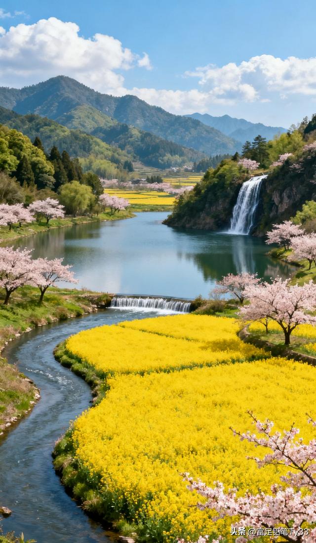 田园铺锦春光灿，花海翻波草色鲜，风拂柳丝摇梦幻斑斓春色醉心间