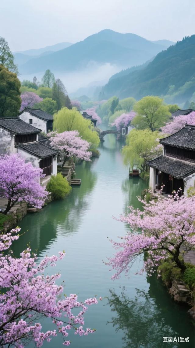 粉黛染春，水乡漾波，千年梦魂，系此烟霞，风过回廊诉旧盟！