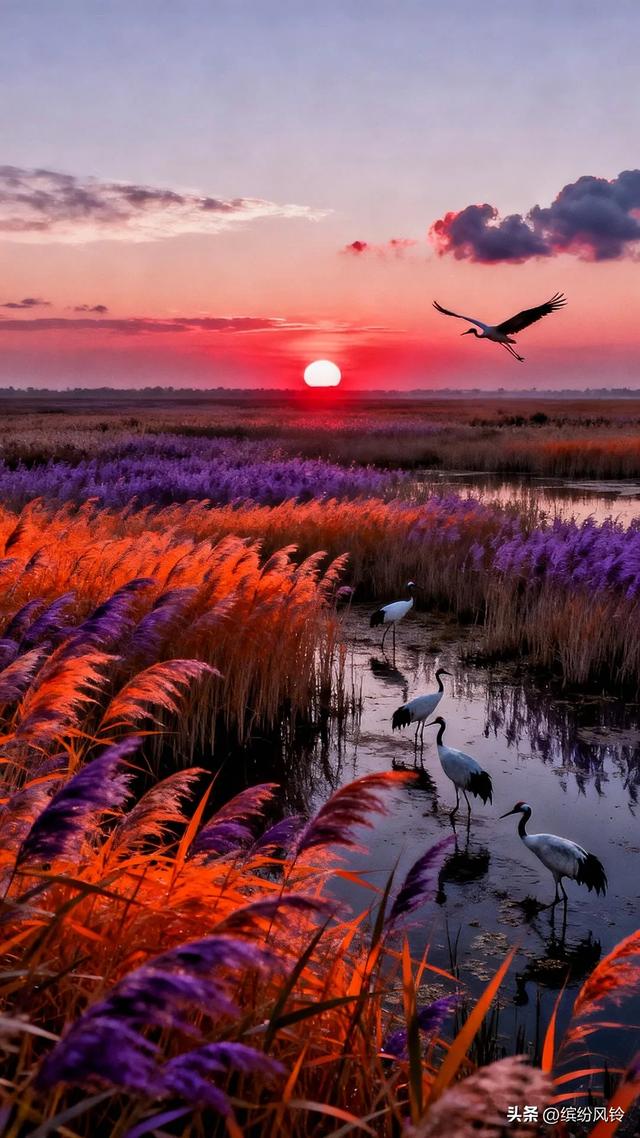 夕阳下的湿地，丹顶鹤在水畔翩跹