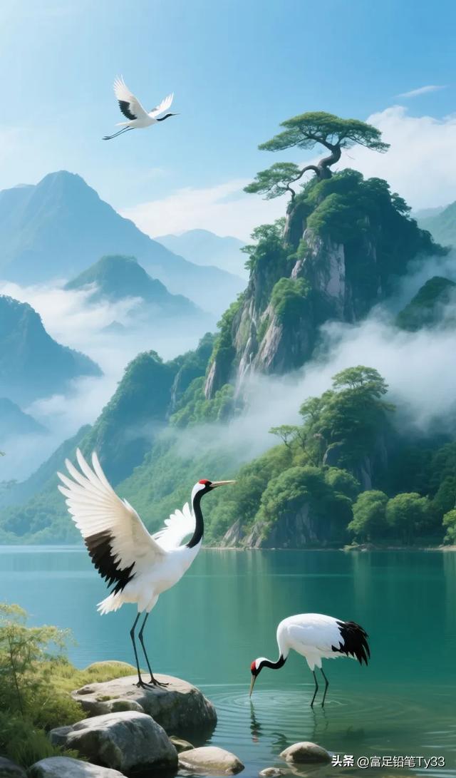 仙鹤翩翩起舞，山水如画，美不胜收！