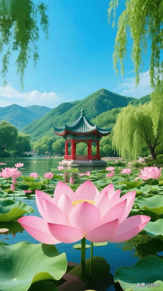 满塘盛开着粉嫩的荷花，宽大翠绿的莲叶层层叠叠，尽显生机与美丽