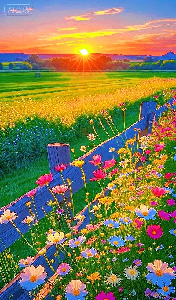 漫山花海裹挟温柔日落，目之所及尽是美好，这个景色真的好治愈啊