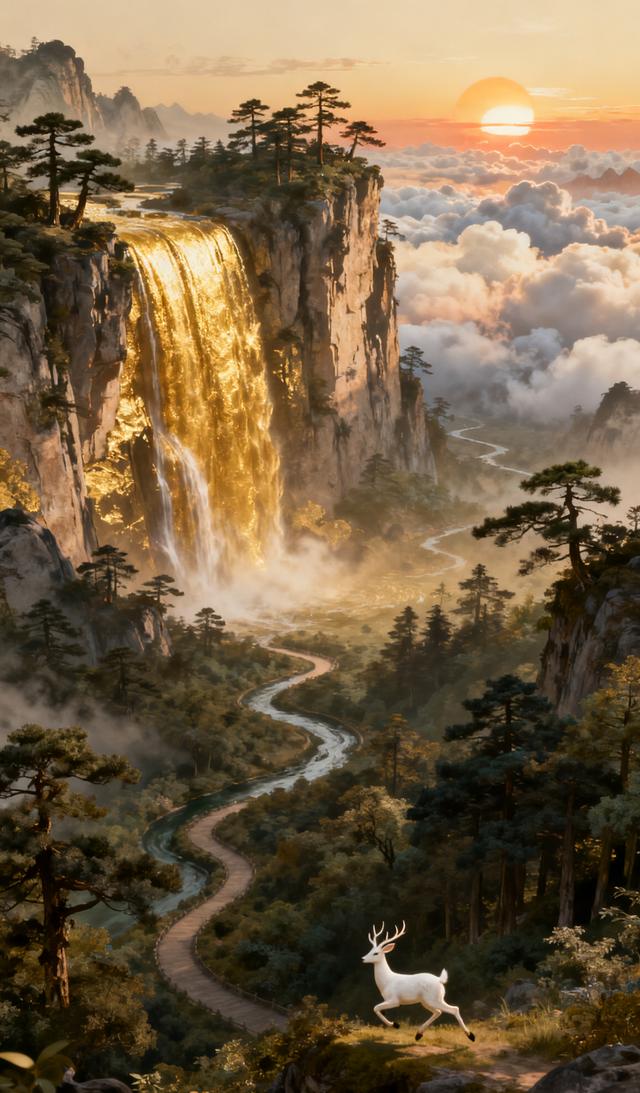 仙境瀑布，白鹿飞奔，梦幻山水，如梦如幻！