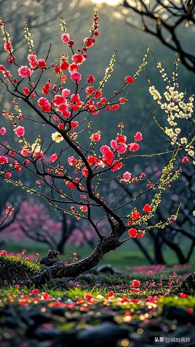 晨雾裹着金芒漫过梅枝