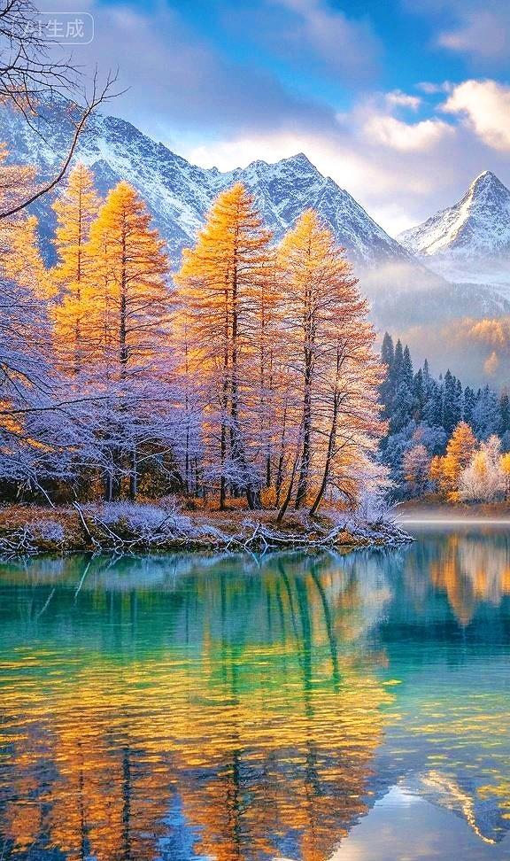 初雪吻过的金林，在镜湖里映成冰峰的温柔