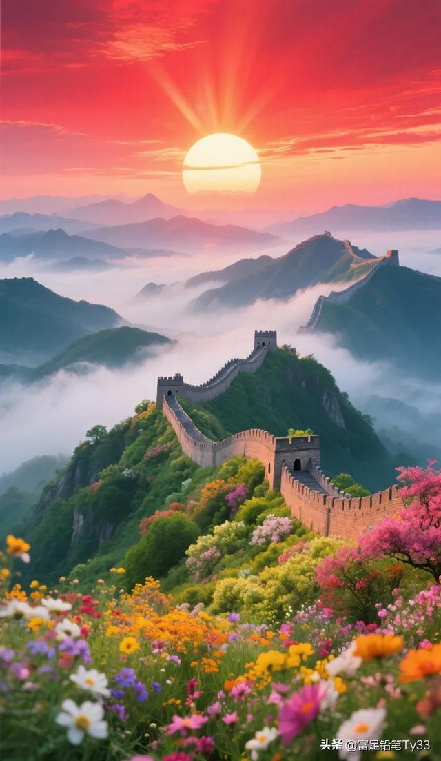 晨曦中的长城，如巨龙般蜿蜒盘旋，云海翻腾花海绚烂，美不胜收！