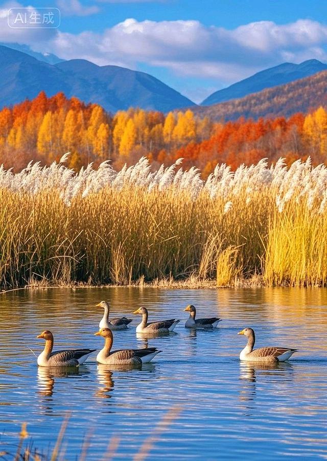 秋湖漾金波，灰雁悠然游，彩林裹暖光，好治愈～