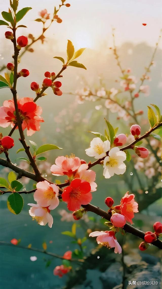 晨雾裹着金芒漫过梅枝