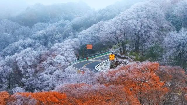 旺苍盐井峡现“秋冬同框”奇景 红叶白雪交织如画