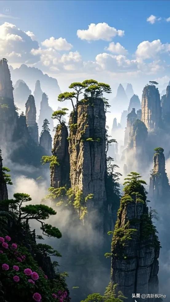 在云雾缭绕的奇幻之境，张家界悬浮山宛如超脱尘世的仙岛傲然矗立