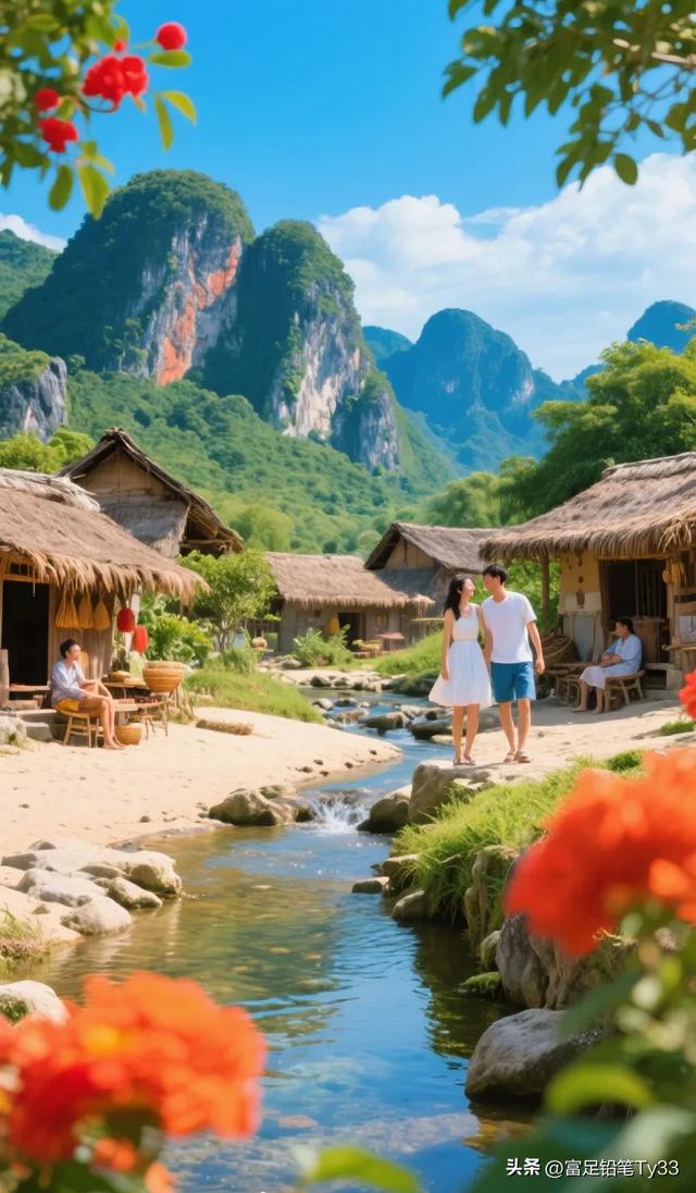 “山间小溪边，情侣漫步，如画美景，心旷神怡”