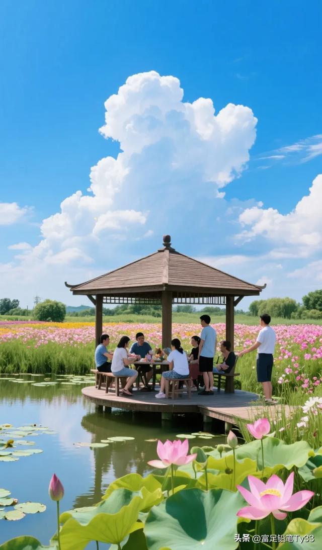 碧浪仙踪：波心浮碎金，风拂柳丝匀。白鹭点涟漪，恍入武陵春！