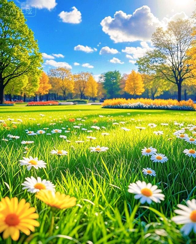 金黄树林、雏菊绿草衬蓝天，这片秋景，超治愈~