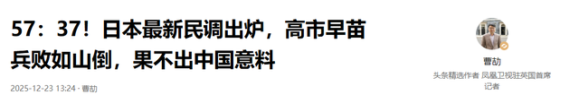 57：37日本最新民调出炉，高市早苗兵败如山倒，果不出中国意料