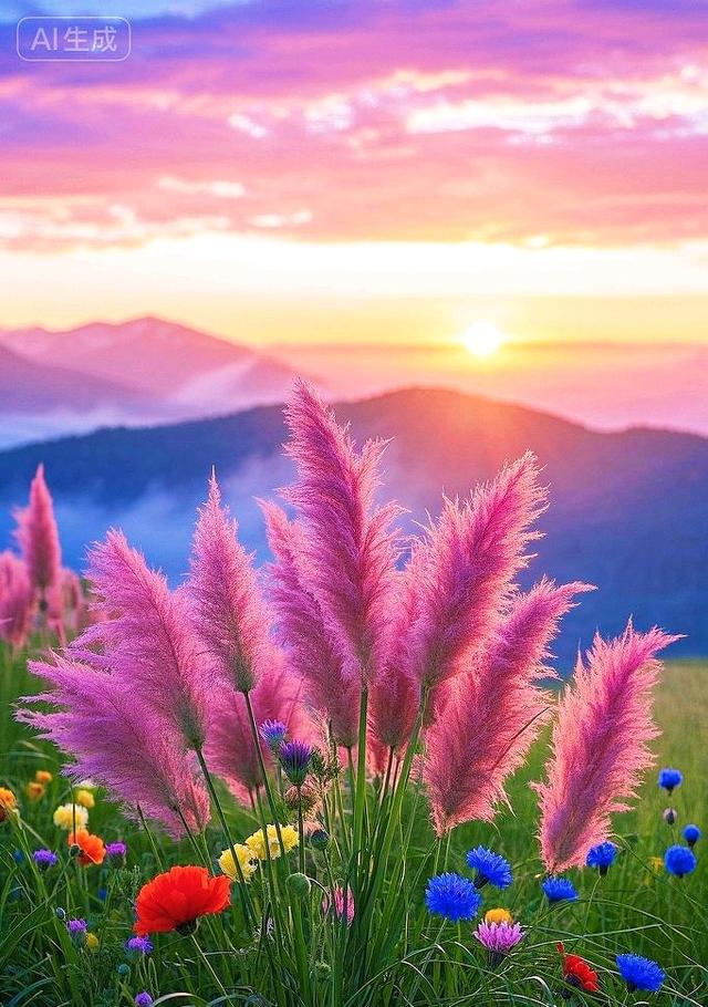 粉苇摇，彩花漫，日出染野太唯美了