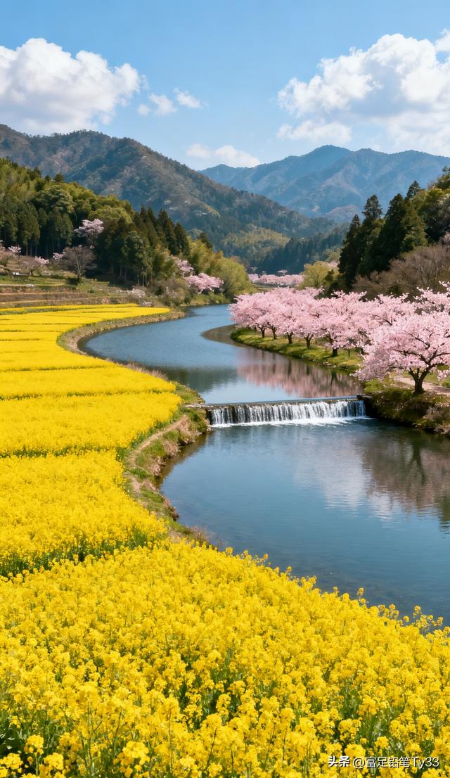 田园铺锦春光灿，花海翻波草色鲜，风拂柳丝摇梦幻斑斓春色醉心间