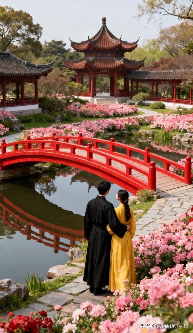 在古风园林中，情侣共享浪漫时光，花海与红桥相映成趣！