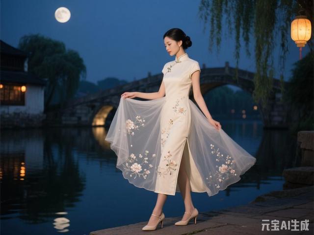 米白色梦幻旗袍美女图片鉴赏（末尾附ai提示词）