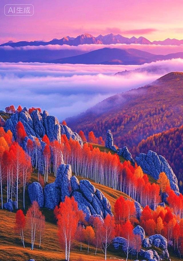 红花桦拥秋阳，奇峰入抱云海阔，山河美景任徜徉