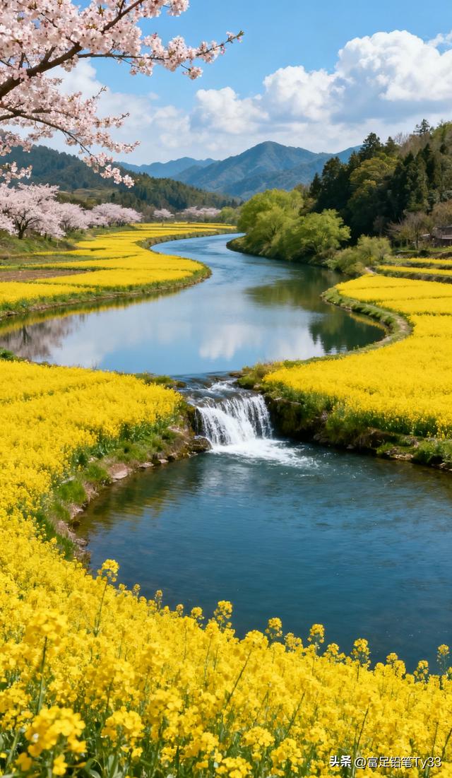 田园铺锦春光灿，花海翻波草色鲜，风拂柳丝摇梦幻斑斓春色醉心间