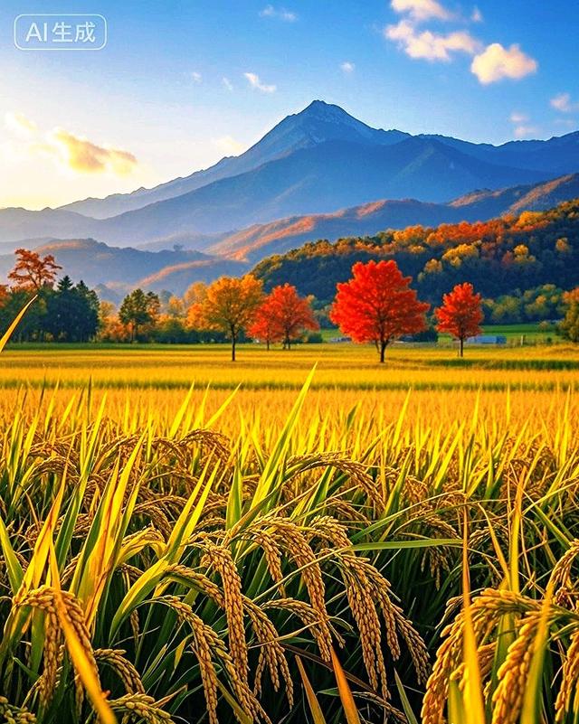 稻浪金黄拥沃野，远山如黛秋意浓