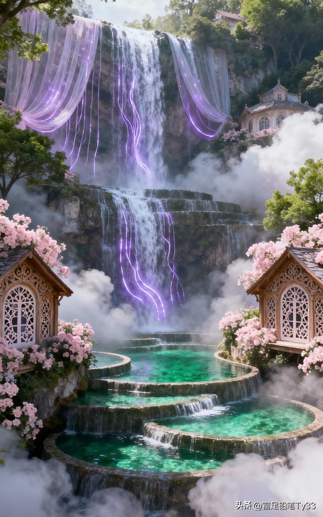 梦幻仙境，瀑布飞流，花海环绕，如梦如幻！🌸💦🏰
