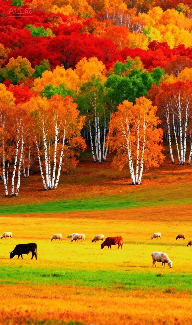 层林染金：秋野里的牛羊与彩树