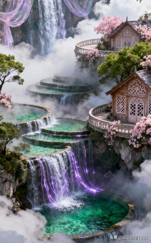 梦幻仙境，瀑布飞流，花海环绕，如梦如幻！🌸💦🏰