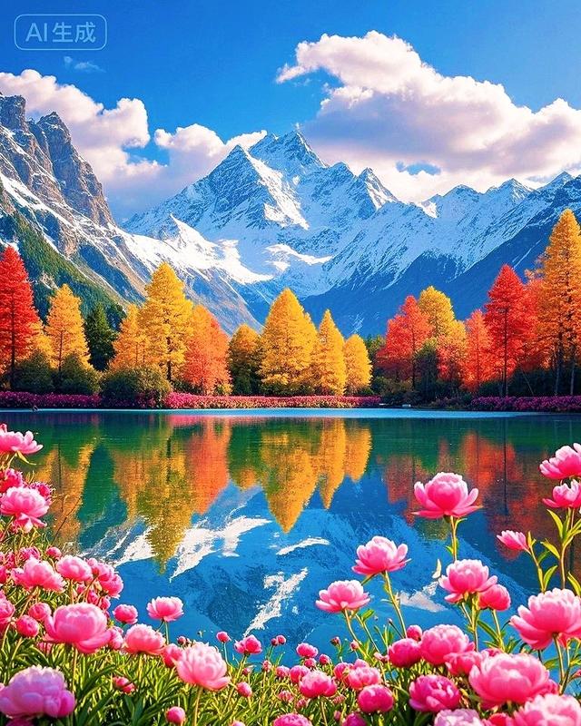 雪山遇见秋林花海，天地间的色彩狂欢