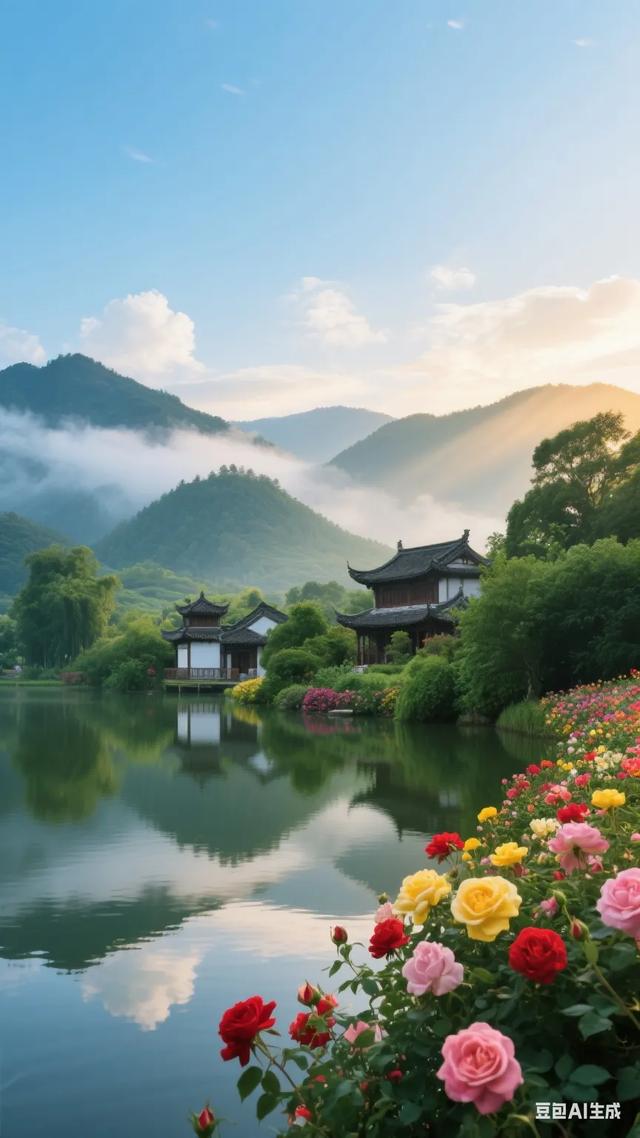 梦幻般的世外桃源，静谧的湖面倒映着古色古香的建筑，宛如仙境！