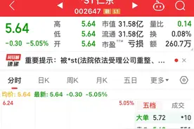 重整获得受理股票一字跌停，仁东控股7万股东懵了，有的已亏92%图片
