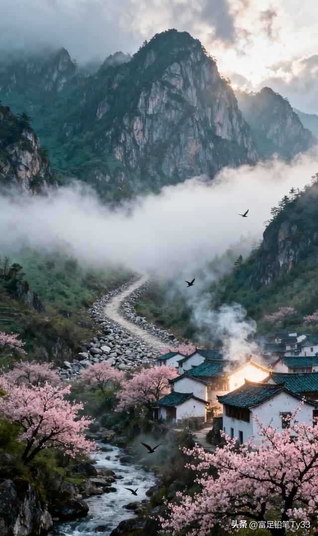 云雾缭绕的世外桃源，粉嫩樱花映衬古村落，仙境般的宁静与美丽！