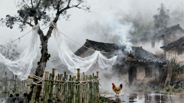 晨雾缭绕	，远处的村庄若隐若现，如梦似幻