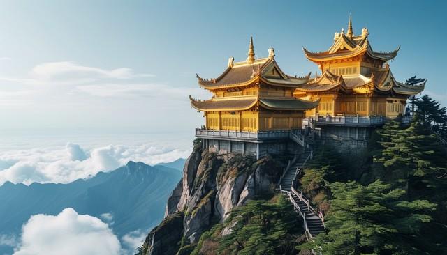 老君山金顶之上，竟凭空出现一圈金色光晕，将道观群温柔包裹，