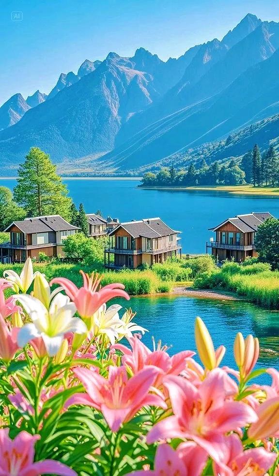 湖光山色相伴，百合花繁花似锦，这般景色，实在怡人
