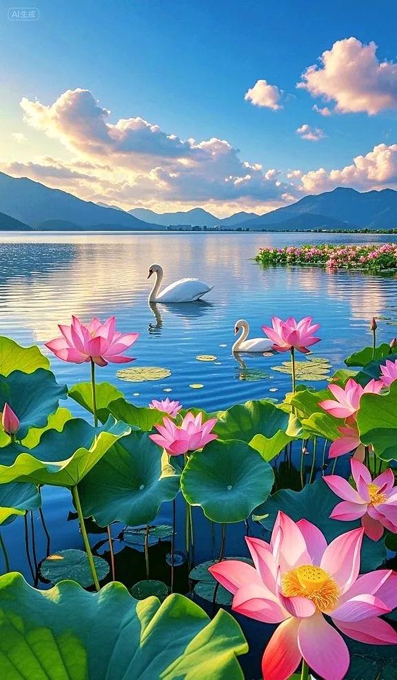 湖景天鹅荷花，大自然的治愈系美景