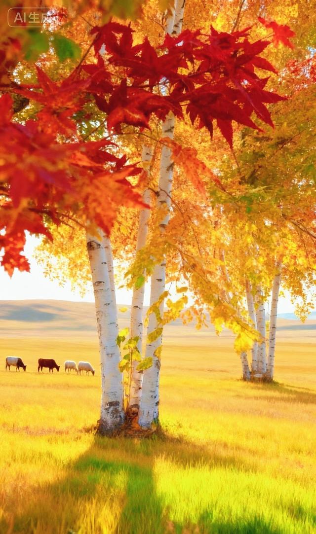 红枫垂帘，牧群踱过金绿原野
