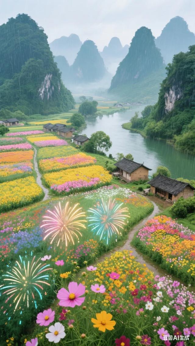梦幻仙境色彩斑斓的花海与静谧河流相映成趣，仿佛置身于童话世界